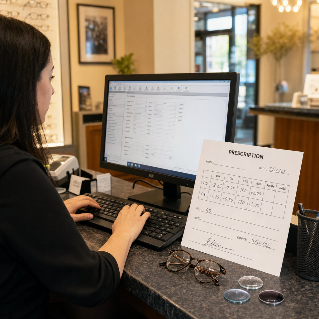 An optician at an optometry practice entering a paper prescription into a desktop computer